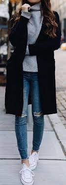 Winter Outfits Gray Turtleneck Sweater Black Coat Fashion Fall Outfits Winter Fashion