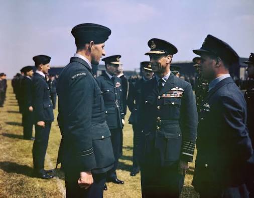 On 27 May 1943, HM King George VI is pictured visiting No. 617 Squadron  (The Dambusters) at Royal Air Force Scampton in Lincolnshire. The King has  a word with Flight Lieutenant Les