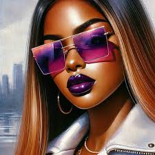 Prompt June Hunter Create a vibrant and glossy soft textured gouache art  style portrayal of a beautiful caramel African American woman with a  close-up perspective. She has luscious lips painted with glossy