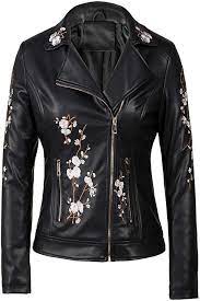 Amazon Com Bellivera Faux Leather Jackets For Women Soft Casual Short Floral Moto Coat B Faux Leather Jacket Women Floral Leather Jacket Leather Jackets Women