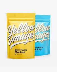 Download Two Matte Metallic Stand Up Pouches Mockup In Pouch Mockups On Yellow Images Object Mockups
