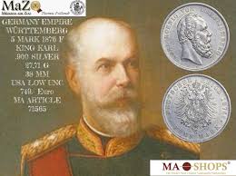 Deutschland Württemberg Kaiserreich 5 Mark 1876 F Karl, sehr selten in  dieser Erhaltung R%are in this condition USA Unc