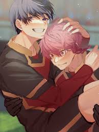 isagi yoichi, kurona ranze, blue lock, absurdres, highres, 2boys, black  gloves, black shirt, black shorts, blue eyes, blue hair, blush, braid,  carrying, collared shirt, cowboy shot, gloves, grin, long sleeves, male  focus,