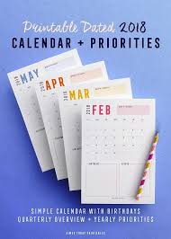 2018 Printable Calendar With Yearly Priorities And Dated Quarterly Goals Overviews Calendar Printables Monthly Calendar Printable Printable Calendar Template
