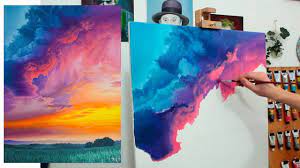 Towering clouds the variety of shapes and colors we can this cheerful painting of fluffy clouds in a bright blue sky would add a touch of happiness and relaxation to any room. Painting Glowing Clouds With Oil Colorful Landscape The Fury Of The Sun Youtube