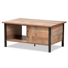 Featuring two storage drawers on wooden runners and an open shelf area for additional storage. Vaughan Two Tone Rustic Oak And Wood Coffee Table Brown Black Baxton Studio Target