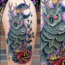Neo Traditional Owl With Antlers Owl Thigh Tattoos Traditional Owl Tattoos Traditional Tattoo