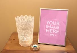Place Your Image Inside This Photo Frame Standing On A Small Cabinet Table Next To Candles Place Your Image Into Candle Mockup Candle Packaging Candle Labels