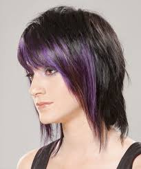 Ombre style with soft waves. Medium Straight Purple And Black Two Tone Hairstyle With Razor Cut Bangs