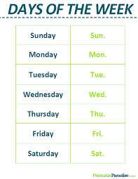How big is a days of the week wheel? Printable List Of The Days Of The Week