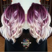 Purple ombre hair looks breathtaking and alternative color variations are surely mainstream nowadays. Casual Curly Medium Hairstyles Plum Purple Hair Color Base With Billowy White Blonde Hair Popular Haircuts