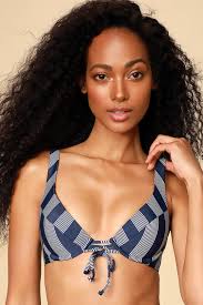 Long Lines Navy Blue Striped Underwire Lace Up Bikini Top