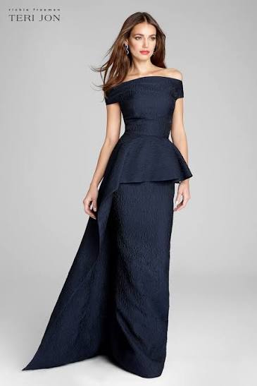 Jacquard Off The Shoulder Side Drape Overlay Gown | Teri Jon – Terijon.com