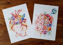 Medical Anatomy Art Watercolour Print Flower Heart And Brain Anatomy Art Medical Art Drawings