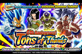 This db anime action puzzle game features beautiful 2d illustrated visuals and animations set in a dragon ball world where the timeline has been thrown into chaos, where db characters from. Dragon Ball Z Dokkan Battle News 3 Types Of Summon Tickets For The 6th Anniversary New Ticket Summons Will Be Available Starting From 7 25 Sun Pst Perform Summons With The Tons Of