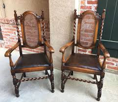 Pair Set Antique English Tiger Oak Barley Twist Dining Arm Chairs Leather Cane Antiques Furniture Chairs Ebay Dining Arm Chair Antiques Leather Chair