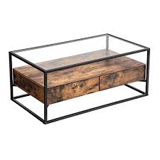 These coffee table plans have such a fabulous look with the glass top and double drawers! Vasagle Industrial Coffee Table Tempered Glass Top With 2 Drawers And Rustic Shelf Sale Coffee Tables Shop Buymorecoffee Com