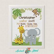 Hunter baby birth announcement cross stitch patterns. Birth Announcement Cross Stitch Baby Birth Record Animal Etsy