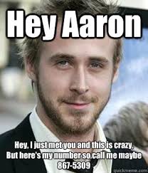 Hey Aaron Hey, I just met you and this is crazy, But here's my number so  call me maybe 867-5309