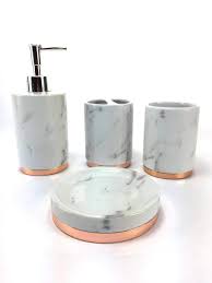 Bathroom sets, bath accessories, ceramics, bathroom ensembles, pottery, bathroom fixtures, ceramica, clay crafts, ceramic art. 4 Piece White Marble Rose Gold Base Ceramic Bathroom Accessory Set