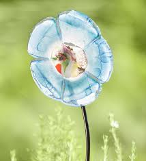 Glass rose long stemmed flower forever untamed rose hand blown gold pink extra large sra. Hand Blown Polish Glass Flower Garden Stake Blue Plowhearth