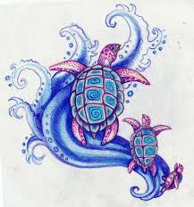 The geometric patterns and contrast between thick and thin lines leaves and fruit surround the sea turtle in this detailed style. Turtle Drawing Meaning Peepsburgh