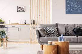 Living room design for studio apartment. Open Plan Studio Apartment With Small White Kitchen And Living Stock Photo Picture And Royalty Free Image Image 117938793