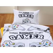 Retour vers le menu principal linge de maison. Linge De Lit Gris Blanc Avec Manette Et Inscription Hardcore Gamer Lehner Versand
