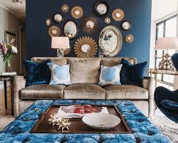 Light Brown Sofa And Blue Egg Chair With Mirrored Furniture Dining Room Chandelier In Dark Brown Living Room Decor Brown And Blue Living Room Blue Living Room