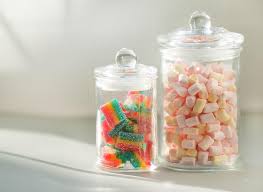 Yellow Fruit Candy And Marshmallow In Glass Jars Stock Image Image Of Nameboard Fairy 40609393
