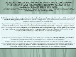 Sistem maklumat taksonomi bersepadu سيستم معلومات تكسونومي برسڤادو. Repost Makluman Kepada Pelajar Tahun Akhir Yang Belum Membuat Pengesahan Status Kelayakan Bergraduat Melalui Sistem Maklumat Pelajar Persatuan Mahasiswa Fakulti Sains Makanan Dan Pemakanan Pmfsmp Facebook