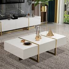 Rectangular Coffee Table White Black Coffee Table With Drawers Table With Storage Gold Metal In 2020 Table Decor Living Room Coffee Table Coffee Table White