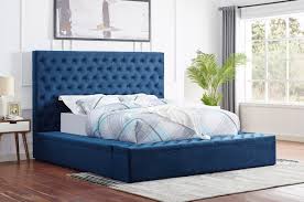 Brandy light beige fabric upholstered queen size storage platform bed. Tami Tufted Blue Velvet Bed With Storage