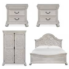 Renova vintage black wood bedroom set, panel bed, dresser, mirror, two nightstands. Bedroom Sets Moore Furniture