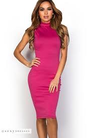 Samantha Fuchsia Bodycon Knee Length High Neck Sleeveless Dress