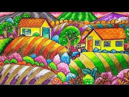 Cara Menggambar Dan Mewarnai Rumah Pemandangan Suasana Desa Dengan Gradasi Warna Crayon Oil Pastel Youtube Painting Cara Menggambar Pemandangan