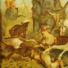 Antique oil print with tiger hunt in ...