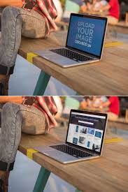 Macbook Mockup Standing On A Wooden Bench A20771 Macbook Mockup Wooden Bench Mockup