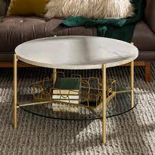 The white marble stone top is a natural classic in seating areas, while the brass base adds contrast and modern angles. Manor Park Mid Century Round Coffee Table White Marble Gold Walmart Com Walmart Com