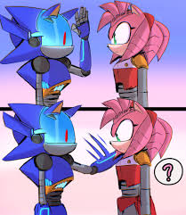 chaos sonic, metal sonic, rusty rose, sonic (series), sonic prime, highres,  1boy, 1girl, ?, blue hair, green eyes, hairband, hand on anothers  shoulder, hand up, looking at another, mechanical arms, non-humanoid robot,