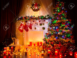 Christmas Tree Night Room Interior, Home Decoration Lights On Fireplace And  Presents Stock Photo, Picture and Royalty Free Image. Image 64012714.