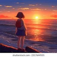 Alone Anime Girl Watching Sunset Ocean Stok İllüstrasyon 2317644555 |  Shutterstock
