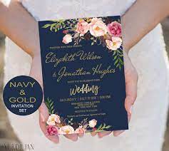 Blush Navy Gold Wedding Invitation Template Set Pink Flowers Watercolor Invite Diy Printable Invitations Pdf Download Instantly Vrd157hdn En 2019 Wedding