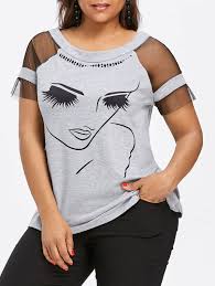 Mesh Panel Plus Size Girl Face T Shirt Kruzhevnye Rubashki Naryady Zhenskie Bluzki