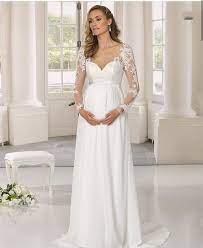 Vestido De Novia De Gasa Para Mujer Embarazada Prenda De Manga Larga Hasta El Suelo Con Cuello En V Apliques De Encaje De Maternidad Vestidos De Novia