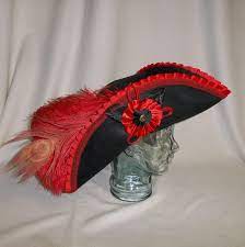 Deluxe Black Pirate Hat Tricorn With Black Red And Gold Trim And Feathers Steampunkhat Pirate Hats Black Pirate Steampunk Hatter