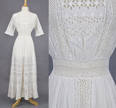 1910s Edwardian White Cotton Eyelet And Lace Tea Dress Antique Cotton Embroidered Dress Xs By Daisyandstella On Etsy Lace Inset Edwardian Dress Tea Dress