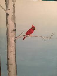 Bird Sitting On Branch Painting Title Cardinal In A Birch Tree By Ally Benge White Birch Tree With A Light Blue Sunny Background Red Tree Painting Canvas Background Ideas Canvas Background