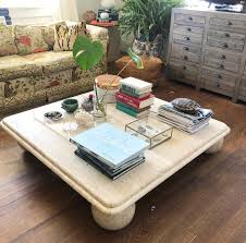 P2 particle board and thickened steel. Midcentury Square Low Profile Travertine Stone Coffee Table Round Ball Legs At 1stdibs