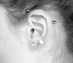 Small Ears With Industrial Cool Industrial Piercing And Dual Lobe For Ear Cool Industrial Cool Ear Piercings Cool Piercings Ear
